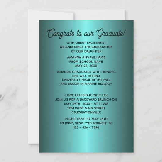 光沢フェイクティール（緑がかった色）ブルーグリーン卒業 案内状 (裏面)