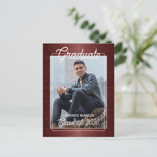 光沢フェイク濃い赤黒の卒業発表 ポストカード (スタンド正面)