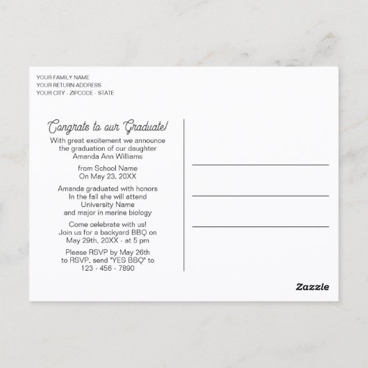 光沢フェイク紫の紫の卒業発表 ポストカード (裏面)