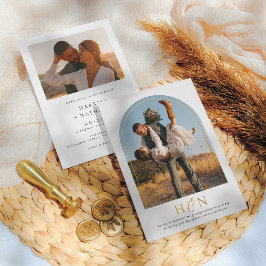 光沢ミニマルイニシャルBoho Arch 2写真結婚の 箔招待状