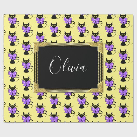 光沢ラッピング紙、イエローブラックキャットモノグラム ラッピングペーパー (フラット)