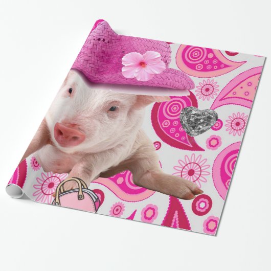 光沢ラッピング紙、ピンクピグシルバーハート ラッピングペーパー (アンロールド)