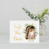 光箔付き緑の水色ユーカリ 箔招待状ポストカード (立ち正面)