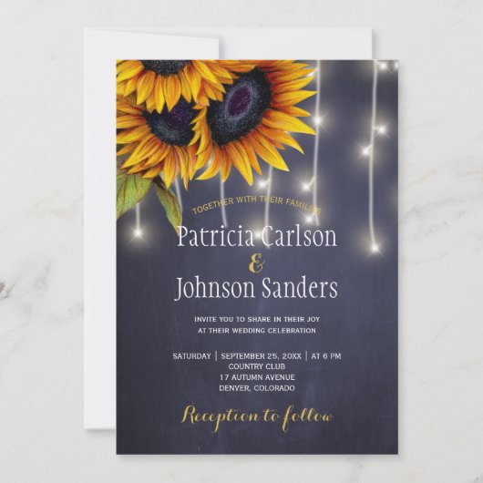 光素朴灯ひまわりネイビー結婚シャルボード 招待状 (正面)