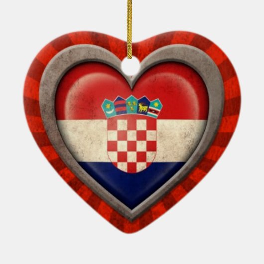 光線との老化させたクロアチアの旗のハート セラミックオーナメント (裏面)