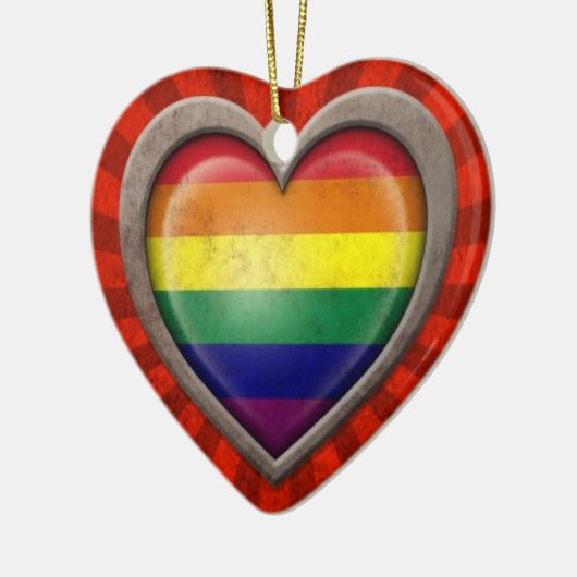 光線との老化させたゲイプライドの虹の旗のハート セラミックオーナメント (左)