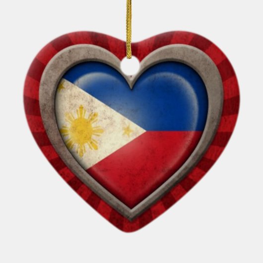 光線との老化させたフィリピンの旗のハート セラミックオーナメント (裏面)