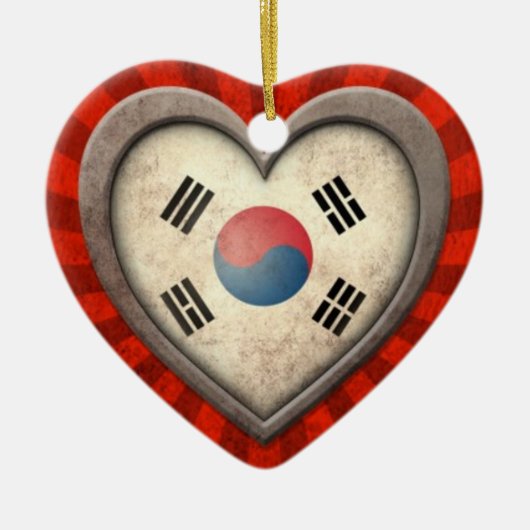 光線との老化させた韓国の旗のハート セラミックオーナメント (正面)