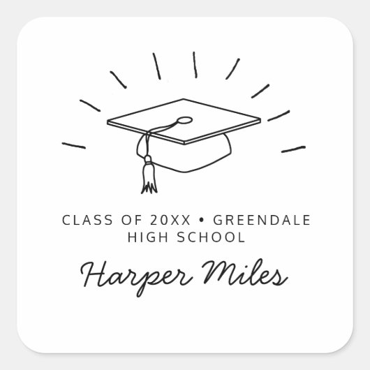 光線の付いた卒業帽子がドッと落ちる スクエアシール (正面)