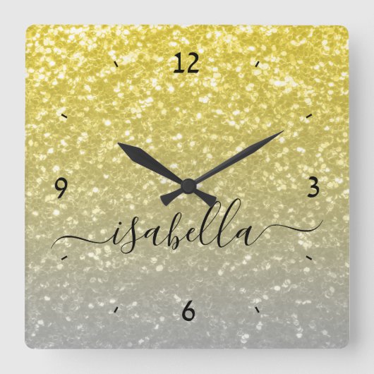 光金ゴールドグラデーション灰色フェイクのキラキラ名前をカスタムする スクエア壁時計 (正面)