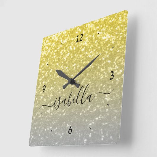 光金ゴールドグラデーション灰色フェイクのキラキラ名前をカスタムする スクエア壁時計 (傾斜)