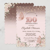 光、花、輝く蝶々、100歳の誕生日 招待状 (正面/裏面)