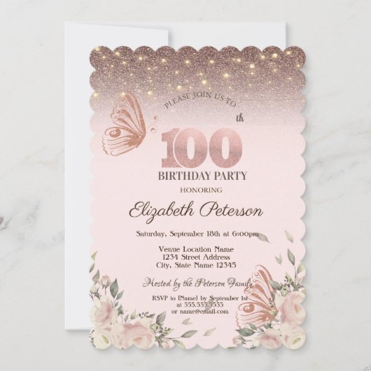 光、花、輝く蝶々、100歳の誕生日 招待状 (正面)