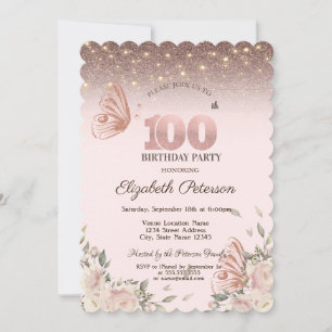 光、花、輝く蝶々、100歳の誕生日 招待状