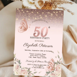 光、花、輝く蝶々、50歳の誕生日 招待状