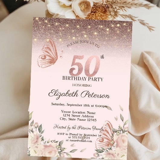 光、花、輝く蝶々、50歳の誕生日 招待状