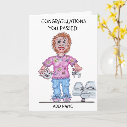 免許試験に合格した女性の似顔絵 カード (黄色い花)