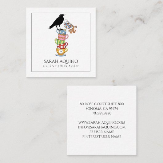 児童書作家お洒落カラス&ティーカップ スクエア名刺 (正面/裏面)