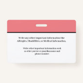 児童ID身分証明書の学生学校 バッジ (裏面)