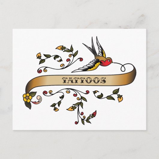 入れ墨でツバメとスクロール ポストカード (正面)