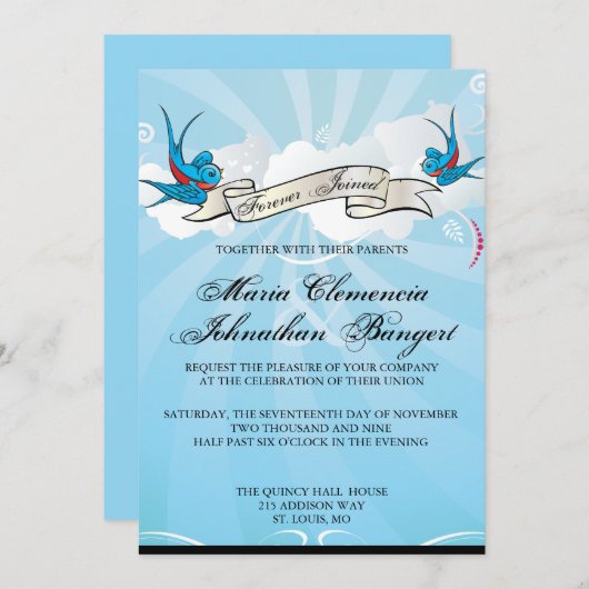 入れ墨のつばめおよびスクロールブライダルシャワーの招待 招待状 (正面/裏面)
