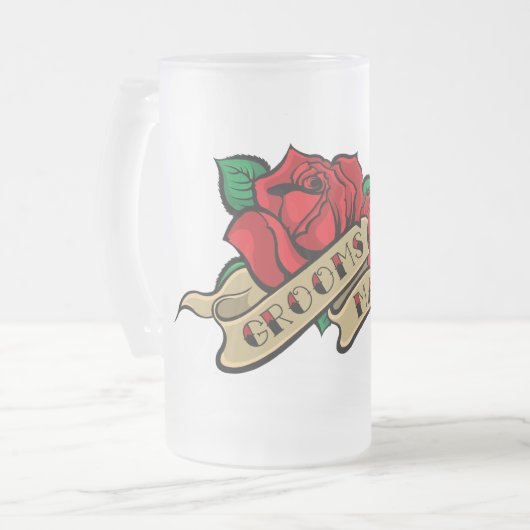 入れ墨のばら色の花婿の付添人の結婚式の引き出物のビールのジョッキ フロストグラスビールジョッキ (正面左)