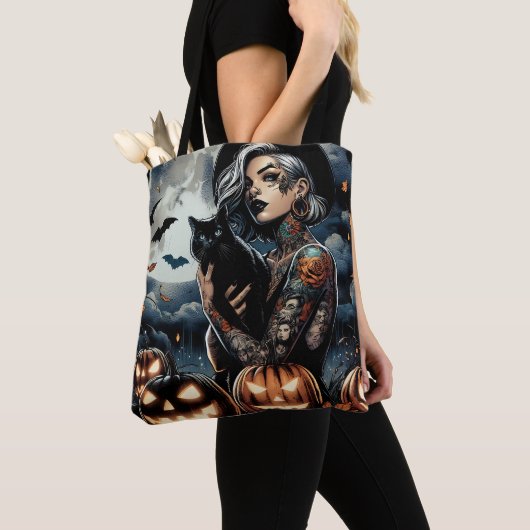 入れ墨をした魔女と黒猫フルムーンハロウィン トートバッグ (クローズアップ)