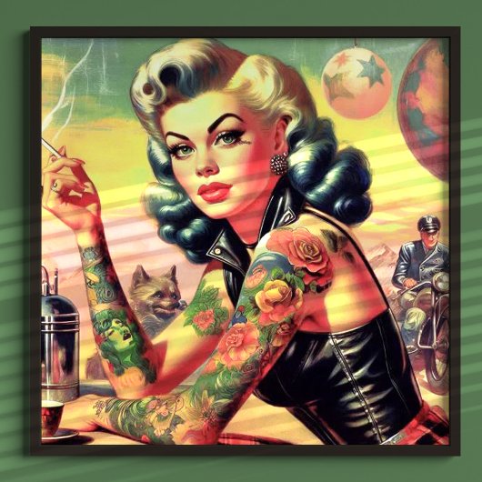 入れ墨バイクもしくは自転車に乗る人ピンアップ ポスター