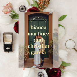 入力エレガント名完全な写真日付を保存 箔招待状