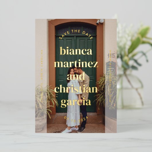 入力エレガント名完全な写真日付を保存 箔招待状 (立ち正面)