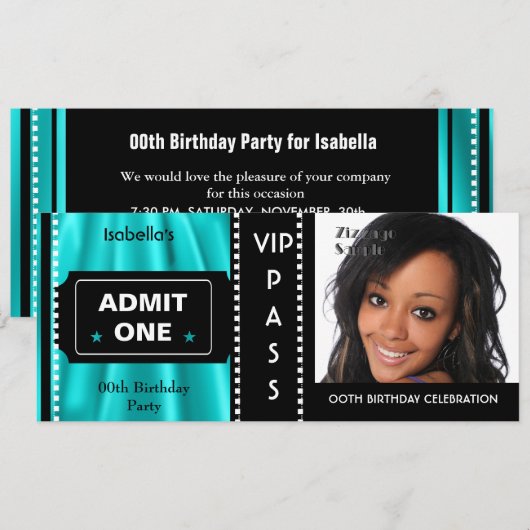 入場料チケット誕生日パーティフォトティール(緑がかった色)ブラック 招待状 (正面/裏面)