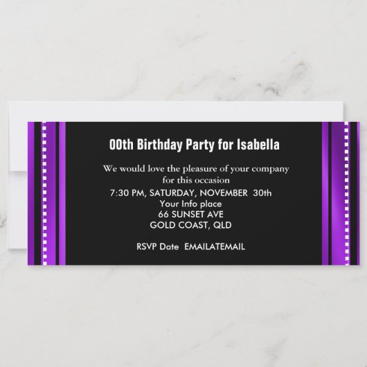 入場料チケット誕生日パーティー写真パープルブラック 招待状 (裏面)