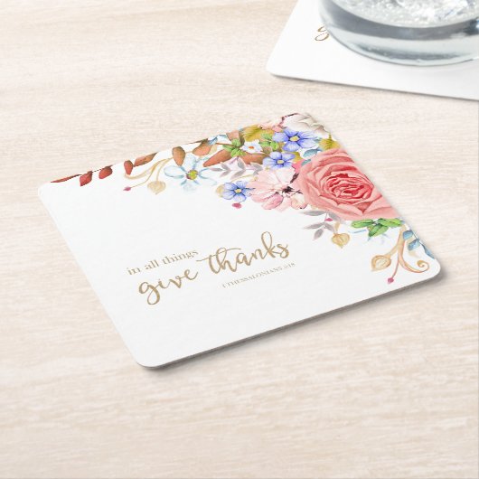 全てのこと与えで感謝してい- 1 These.5:18 スクエアペーパーコースター (アングル)