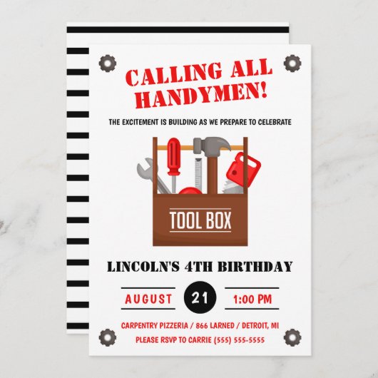 全てのハンディマンを呼ぶ!建築誕生日パーティー 招待状 (正面/裏面)