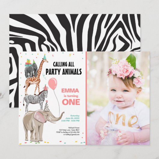 全てのパーティー動物を呼ぶ野生の少女誕生日 招待状 (正面/裏面)