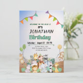 全ての動物たちを呼んで l かわいいサファリ l 1歳の誕生日 招待状 (スタンド正面)