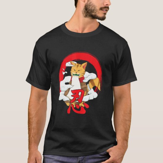 全ての猫のための日本人侍猫 Tシャツ (正面)