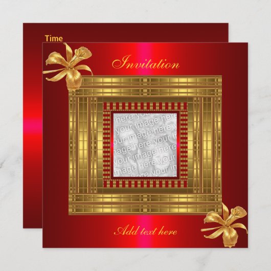 全ての行事に使える招待状 豪華なゴールドと赤 写真を追加 招待状 (正面/裏面)