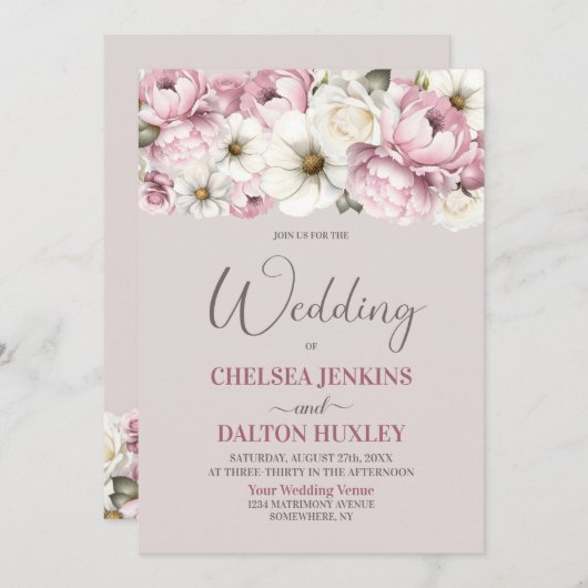 全てワンピンクホワイトフローラ結婚 招待状 (正面/裏面)