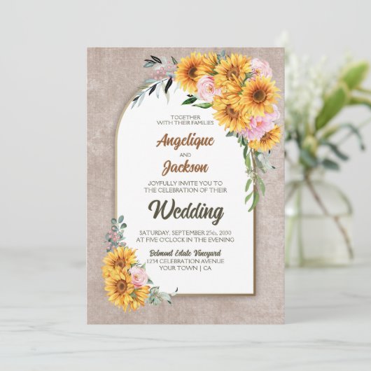 全て一つのひまわり素朴ピンクのローズアー結婚チの 招待状 (スタンド正面)