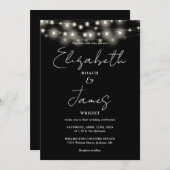 全て白と黒のストリングライト結婚の 招待状 (正面/裏面)