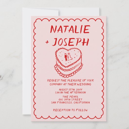 全て赤ピンクの手描きケーキのフレーム結婚の 招待状 (正面)