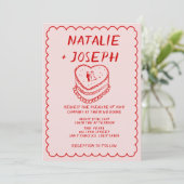 全て赤ピンクの手描きケーキのフレーム結婚の 招待状 (スタンド正面)