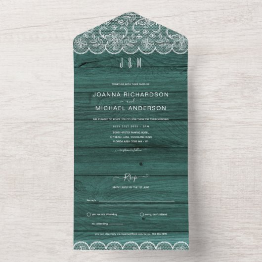 全て込みの素朴なグリーンライスウェディング(緑の結婚式) 招待への返信含む オールインワン招待状 (内側)