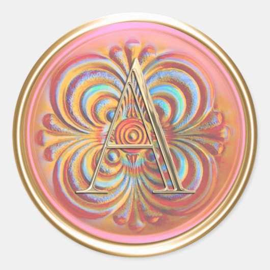 全イニシャルモノグラムイニシャルピンクオレンジアクア ラウンドシール (正面)