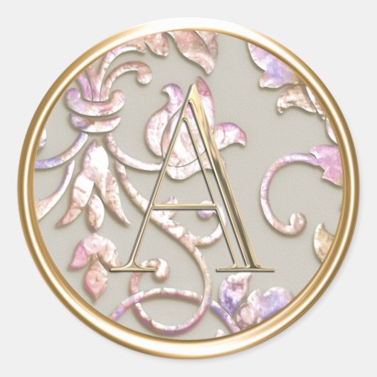 全イニシャルモノグラムパープルピンクピーチダマスク ラウンドシール (正面)