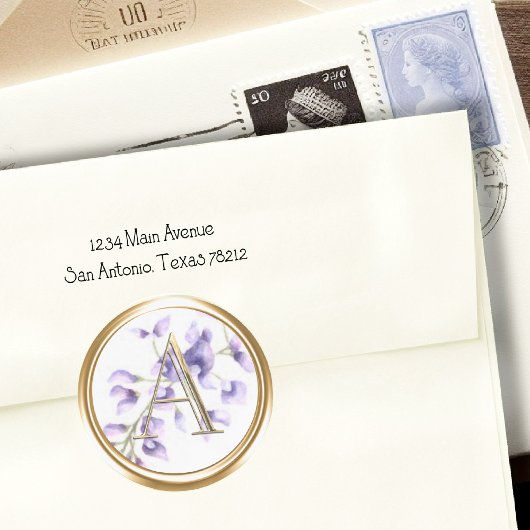 全イニシャル金ゴールドモノグラムオンパープルウィステリア ラウンドシール
