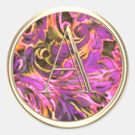 全イニシャル金ゴールドモノグラムカラフルピンクダマスク ラウンドシール (正面)