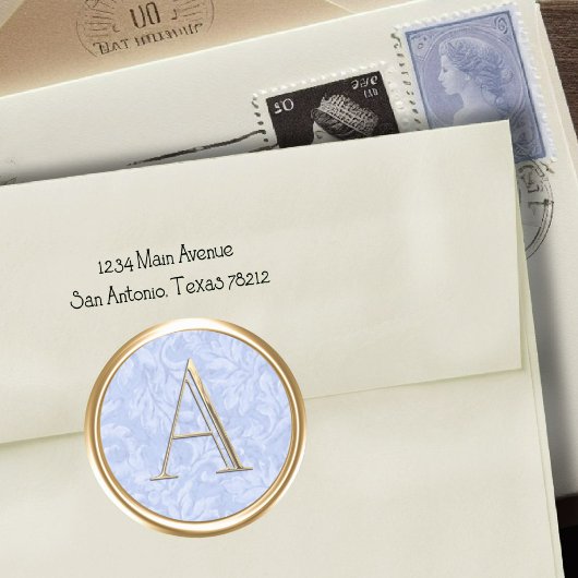 全イニシャル金ゴールドモノグラムダスティブルー葉ズ ラウンドシール