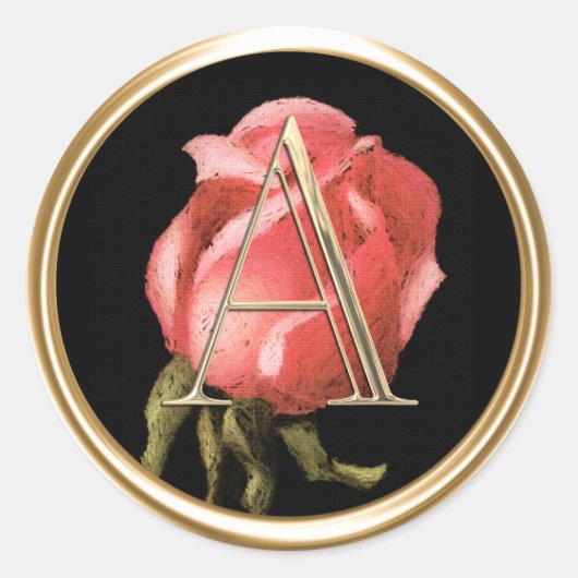 全イニシャル金ゴールドモノグラムピンクローズブラック ラウンドシール (正面)